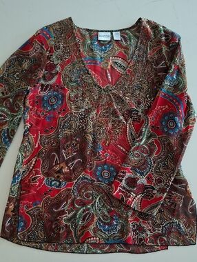 Chico's 100% Silk Red/Rainbow Paisley Embroidered/Sequin Boho Tunic (Size S)